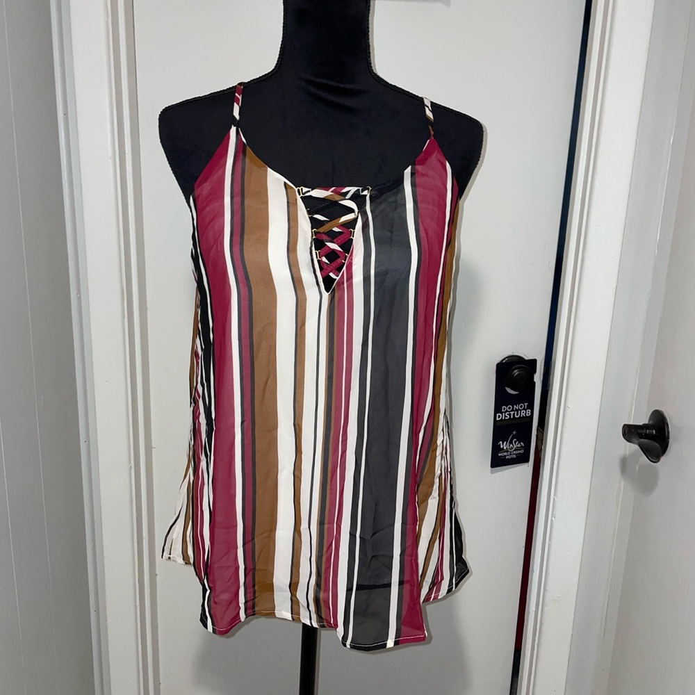 NAIF Striped Lace-Up Spaghetti Strap Camisole in Burgundy, Black, Tan